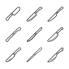 Knife and Cutting Tool Icons Set. Simple Line Art Illustrations of Various Knives
