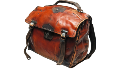 Well-worn, reddish-brown leather satchel with buckles, straps, and visible wear; a vintage, possibly antique, carrying case