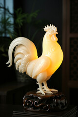 Illuminated Carved Jade Rooster Lamp on Ornate Wooden Base