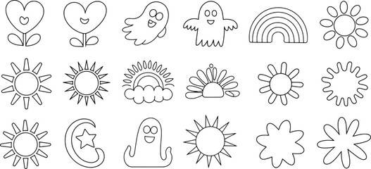 Cute simple line art sun moon ghost rainbow flowers