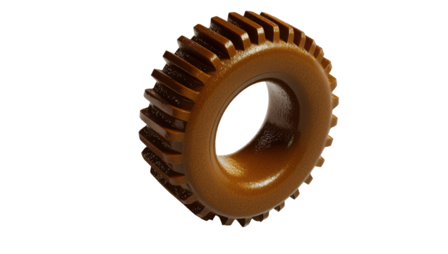A rendered image of a dark brown, chunky, lugged tire with a slightly glossy surface, angled slightly to the right - Powered by Adobe