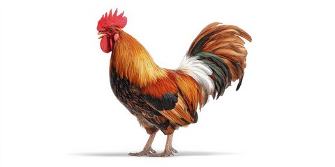 Fototapeta premium A vibrant rooster, its plumage a mix of reds, oranges, and blacks, stands against a stark white background.