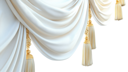 Luxurious off-white drapery with cascading folds and elegant golden tassels, showcasing rich texture and opulent design