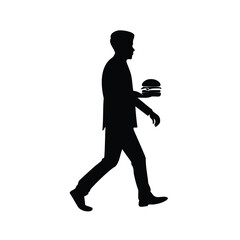 Man walking silhouette holding burger fast food