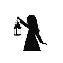 Young girl silhouette holding ramadan lantern
