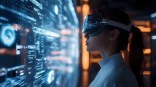 Woman wearing virtual reality headset viewing digital display.