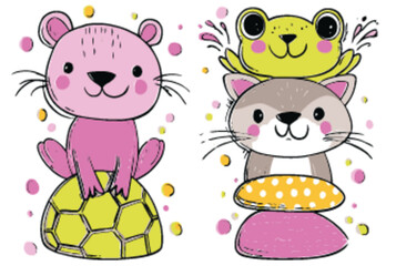 Cute Cartoon Animals in Bright Colors with Fun Patterns for Kids