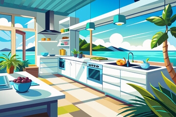 vector of White modern kitchen with ocean view...