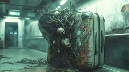 Fototapeta premium A dilapidated suitcase enshrouded in overgrown vegetation.