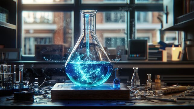 Make me a portrait, digital art, a large chemistry flask with a blue radioactive liquid, with radioactive electrical wires coming out of it, located on top 