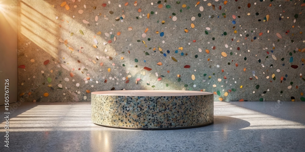 Poster A circular pedestal stands in front of a wall adorned with colorful stones, bathed in the soft glow of sunlight streaming through a window.