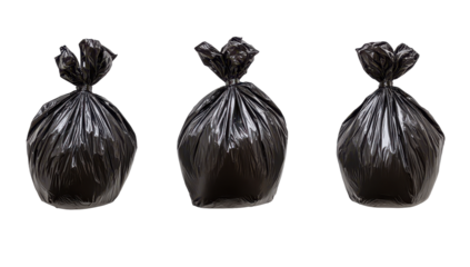 Three identical, full, black plastic trash bags, tied at the top, arranged in a row against a black background