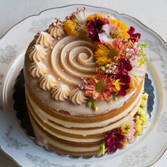 Delicious Two Layered Vanilla Cake with Cream Cheese Frosting and Flowers
