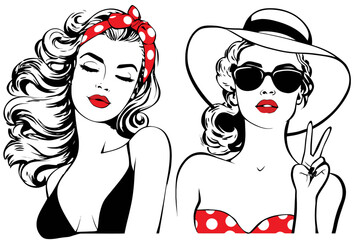 Vintage Style Fashion Illustration of Two Women in Retro Attire