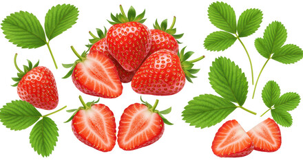 Isolated Fresh Strawberries with Leaves