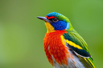 Obraz premium Colorful Painted Bunting Bird Perched in Nature, Showcasing Its Vivid Blue, Green, and Red Plumage in a Serene Natural Setting, Vibrant Wallpaper