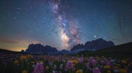 Meteor Shower Over a Meadow - A breathtaking meteor shower streaks across the night sky above a wildflower meadow, with faint silhouettes of mountains in the distance.