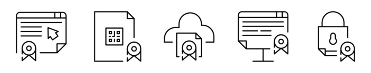 Conjunto de iconos de certificados digitales. Autenticidad, acceso, validación. Diploma en línea, verificación con QR, archivo en la nube, emisión digital, seguridad certificada. Ilustración vectorial