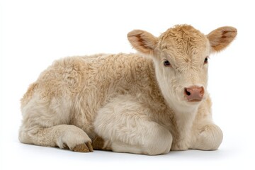 Fototapeta premium Adorable cream-colored calf resting peacefully on a white background.