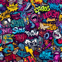 Obraz premium Vibrant Graffiti Sticker Bomb Seamless Pattern Urban Art Wall Texture