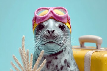 Fr&ouml;hlicher Seehund mit Schwimmbrille und Badekappe neben Reisekoffer und Koralle