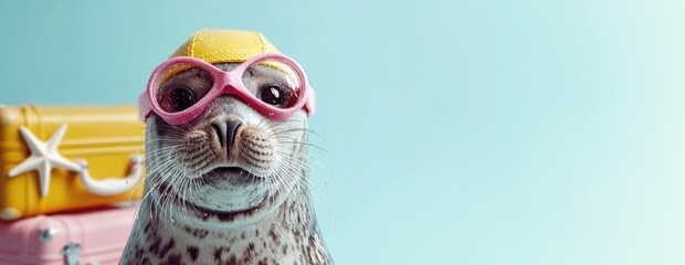 Seehund mit Schwimmbrille und Badekappe vor bunten Koffern 