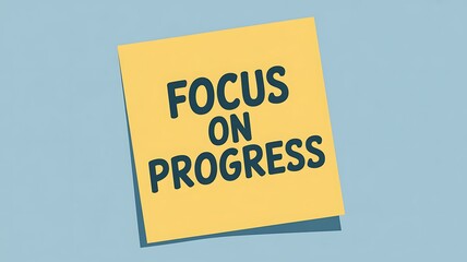A yellow sticky note with the words focus on progress against a blue background.