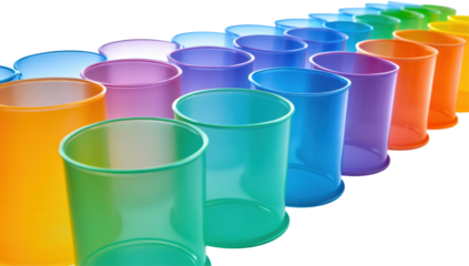 A vibrant row of translucent cylindrical containers, graduating in color from orange to red, then transitioning through yellow, green, blue, indigo, and violet