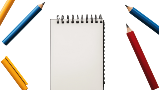 Blank spiral notepad surrounded by pencils and markers, ready for ideas and notes