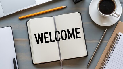 Overhead view of a desk with a laptop, notebook, and coffee cup with welcome text
