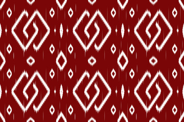 Seamless maroon ikat background with tribal design. Use in rustic web design, decor, or handcrafted themes.