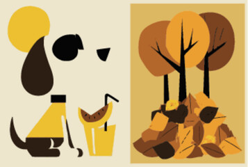 Stylish Vector Illustration of Dog and Autumn Landscape Art