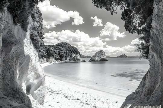 Panoramic black and white view of a secluded beach. - Powered by Adobe