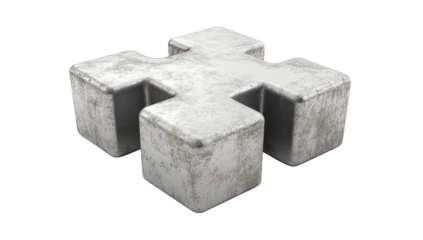 Weathered metallic puzzle piece, four square components, interlocking, grey, textured surface