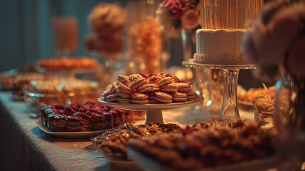 Close up of a dessert table with cake cookies and other treats arranged for a celebration event