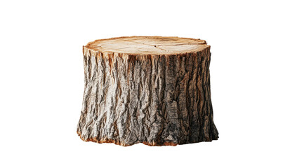 A meticulously detailed image of a tree stump, showcasing its rough, textured bark and smooth, cut top, isolated against a black background