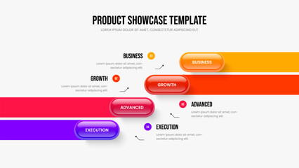 Financial Launch 4 Option Diagram Frame Design. Investor Overview Slideshow Template Vector Illustration. Modern Proposal Four Step Infographic Presentation Layout.