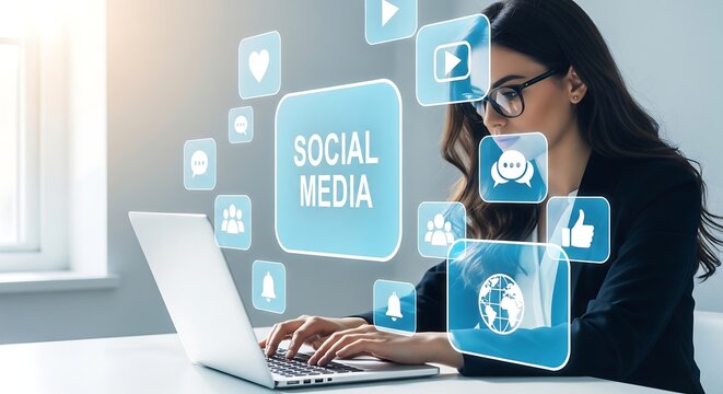 Businesswoman Using Laptop with Social Media Icons for Online Marketing Strategy - Powered by Adobe