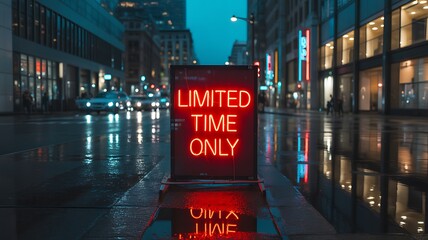 Neon sign reading limited time only on a wet city street at night with reflections