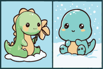 Cute Cartoon Dinosaur and Aqua Creature in Playful Settings