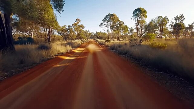 Red dirt road disappearing into a sunlit Australian outback landscape