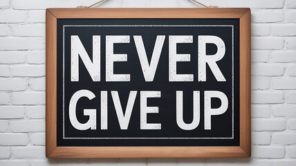A framed sign with the words never give up hanging on a white brick textured wall