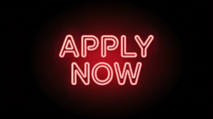A glowing red neon sign displaying the words apply now against a dark background