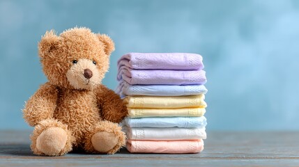 Teddy Bear & Pastel Baby Blankets Flat Lay on Blue Surface