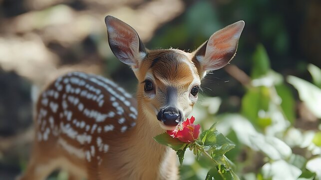 Baby white tailed eer fawn animal wildlife close up portrait cute spotted baby deer eating flowers