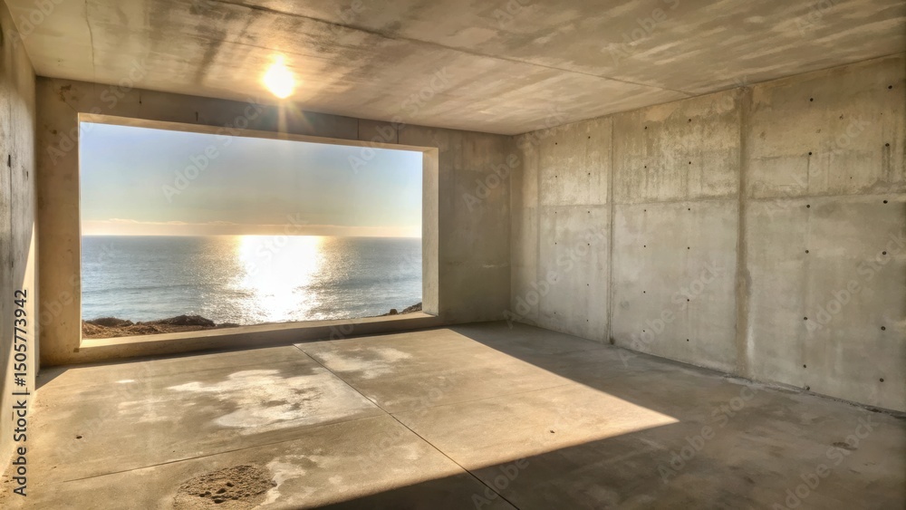 Aufkleber A large rectangular window in a concrete room frames a view of the ocean with the sun reflecting on the waves.