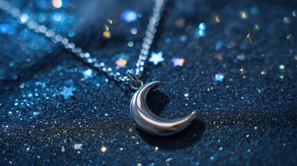 Glowing silver crescent moon pendant on dark velvet with starry glitter, evoking cosmic mystery and ethereal beauty