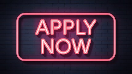 A bright pink neon sign saying apply now against a dark brick wall background art