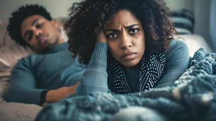 A woman sits in bed looking tired, frustrated, and upset while her partner sleeps beside her, snoring loudly, highlighting relationship tension and sleep disturbances.