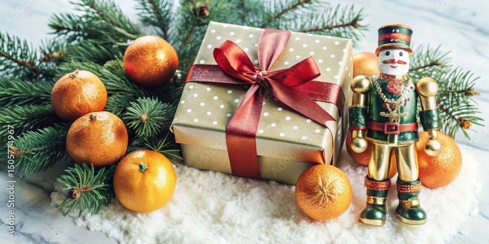 Poster a christmas gift wrapped in gold with a red bow surrounded by ornaments and a nutcracker on a snowy 